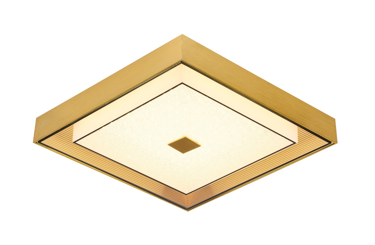 Plafon Moderno Aiko quadrado na cor dOURADO com 44x44 cm e LED integrado, ideal para quartos, hall, escritórios e lavabos. Lustres Gênesis loja online de Lustres e Iluminação Decorativa